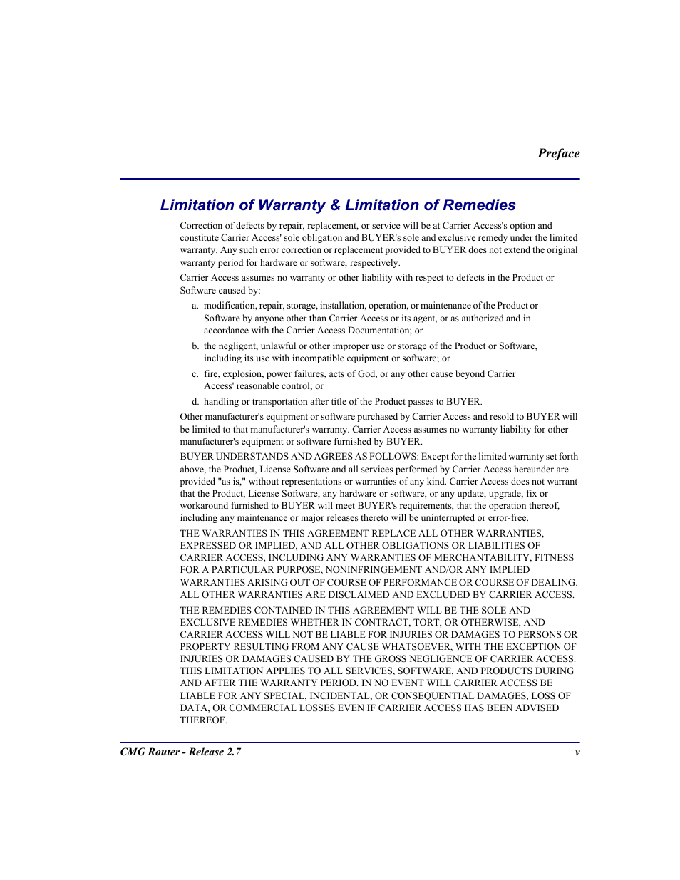 Limitation of warranty & limitation of remedies | Carrier Access CMG Router User Manual | Page 5 / 296