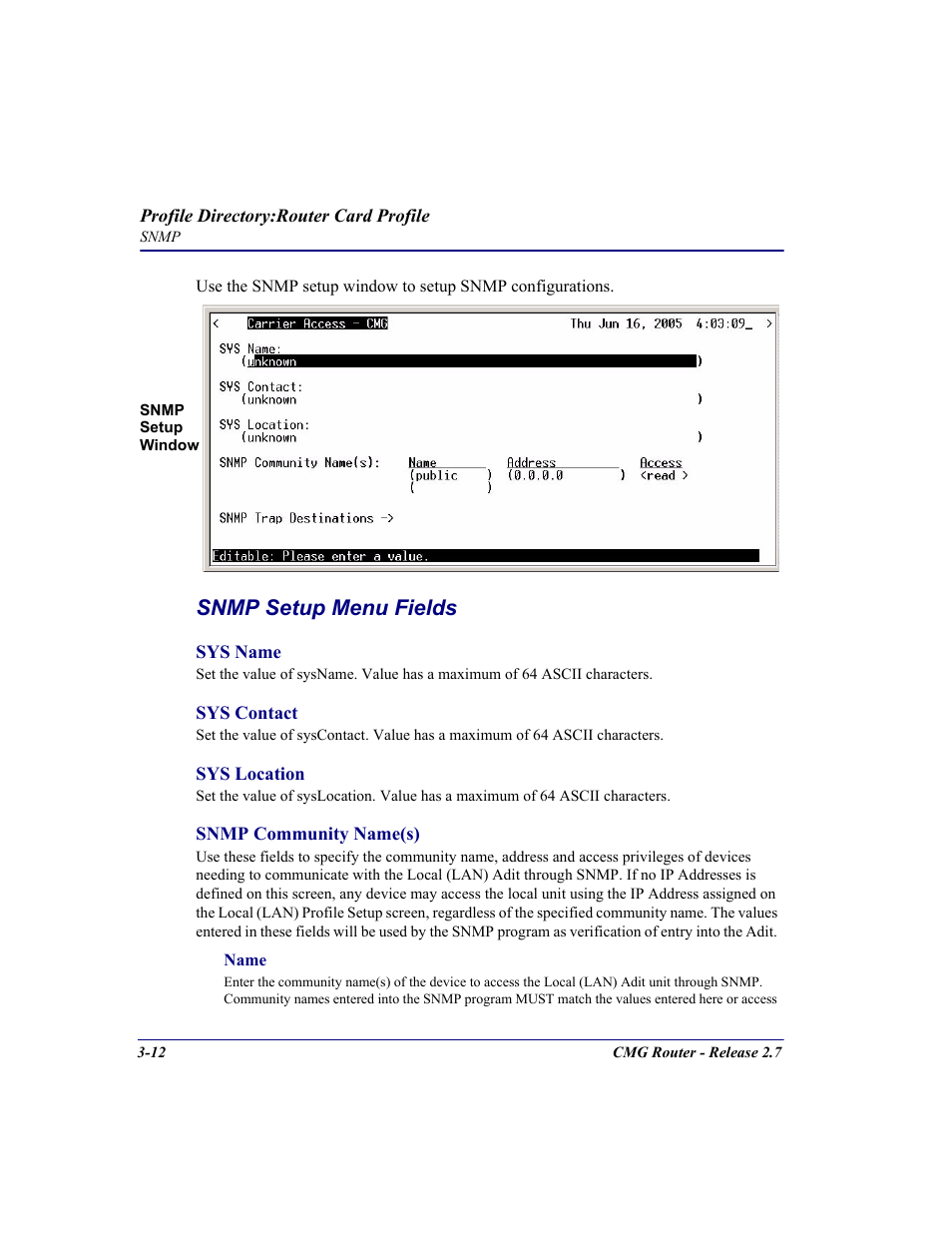 Snmp setup menu fields | Carrier Access CMG Router User Manual | Page 50 / 296