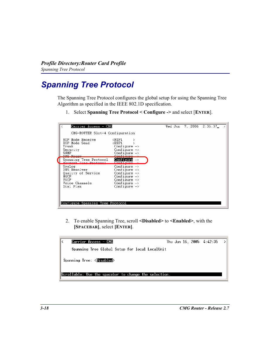 Spanning tree protocol, Spanning tree protocol -18 | Carrier Access CMG Router User Manual | Page 56 / 296