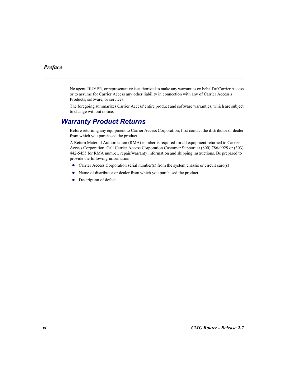 Warranty product returns | Carrier Access CMG Router User Manual | Page 6 / 296