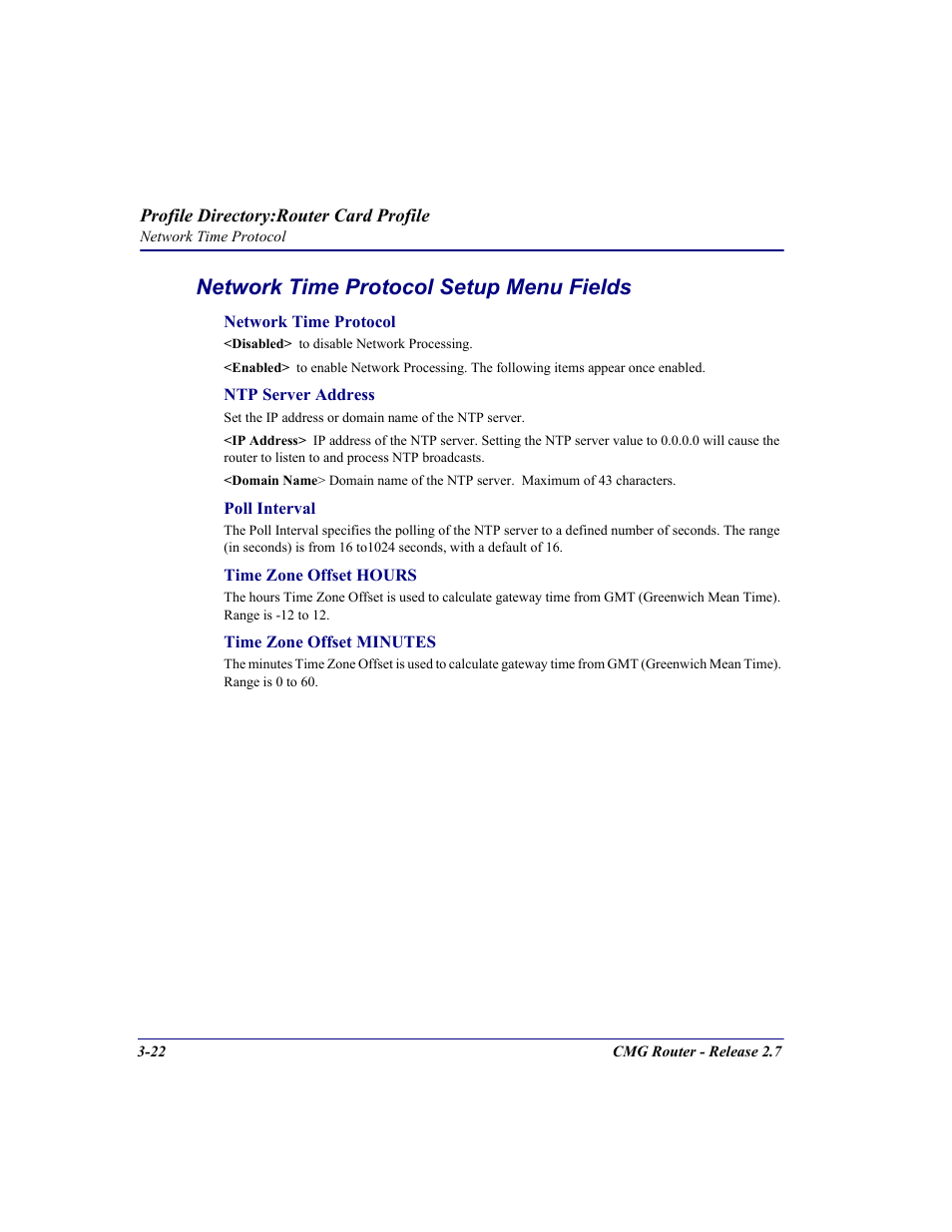 Network time protocol setup menu fields | Carrier Access CMG Router User Manual | Page 60 / 296