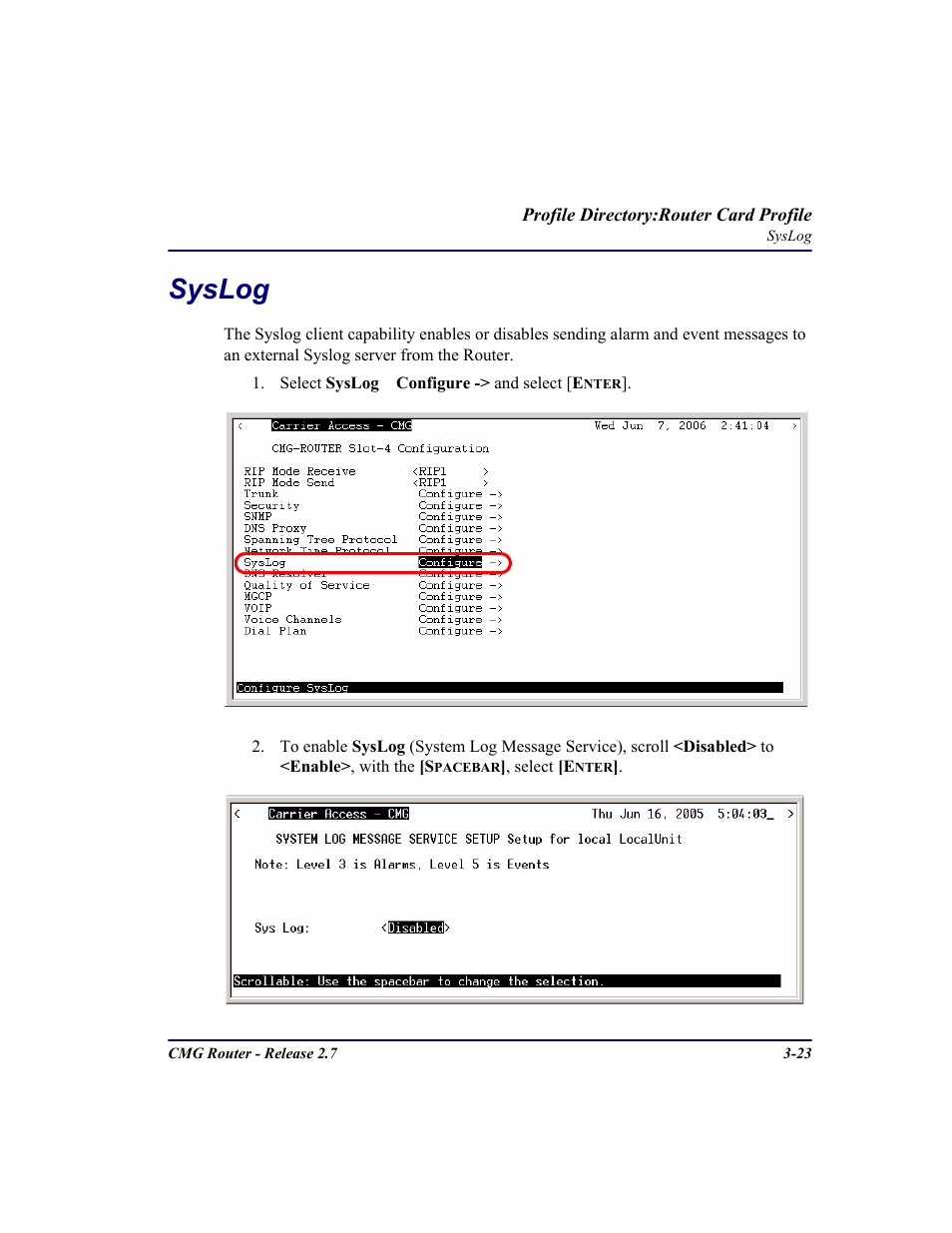 Syslog, Syslog -23 | Carrier Access CMG Router User Manual | Page 61 / 296