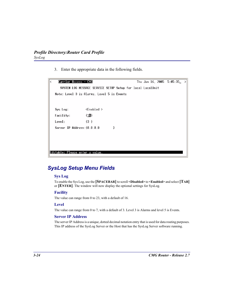 Syslog setup menu fields | Carrier Access CMG Router User Manual | Page 62 / 296