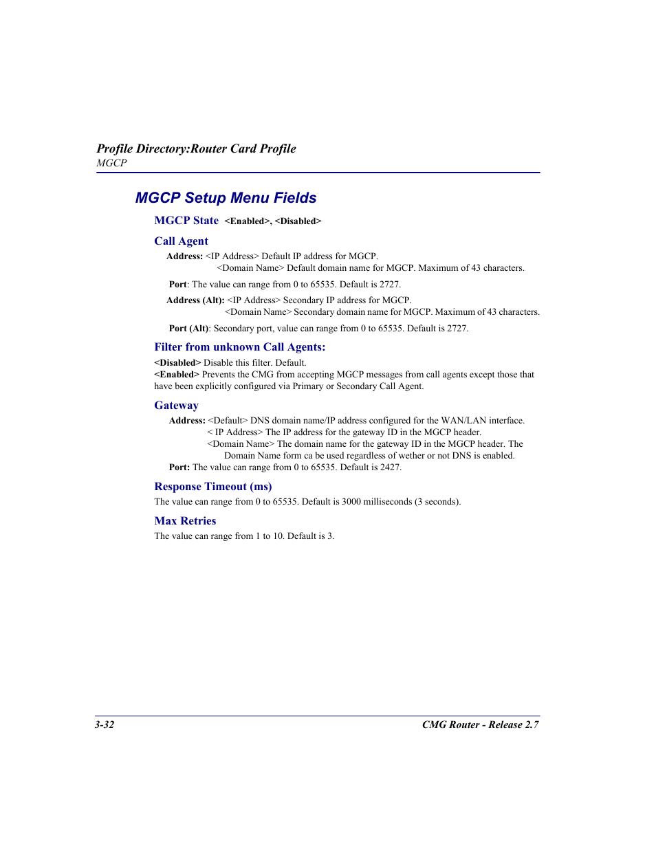 Mgcp setup menu fields | Carrier Access CMG Router User Manual | Page 70 / 296