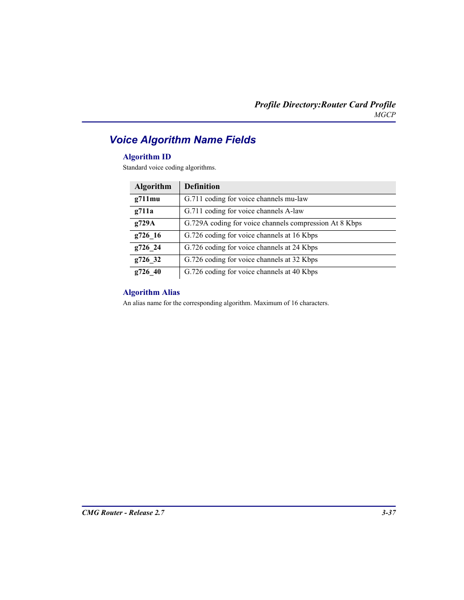 Voice algorithm name fields | Carrier Access CMG Router User Manual | Page 75 / 296