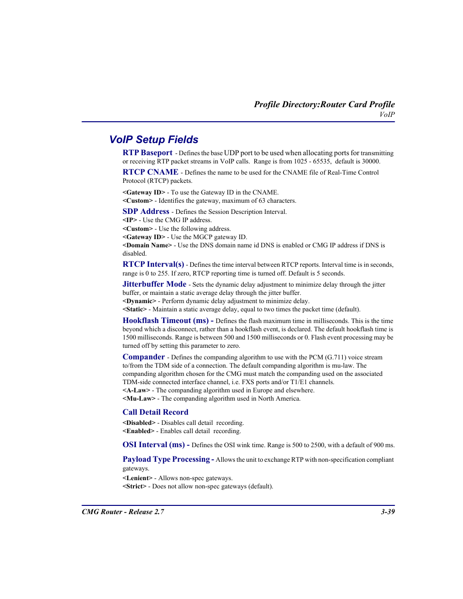 Voip setup fields | Carrier Access CMG Router User Manual | Page 77 / 296