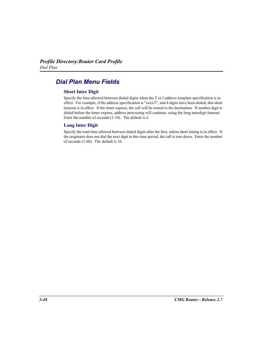 Dial plan menu fields | Carrier Access CMG Router User Manual | Page 86 / 296