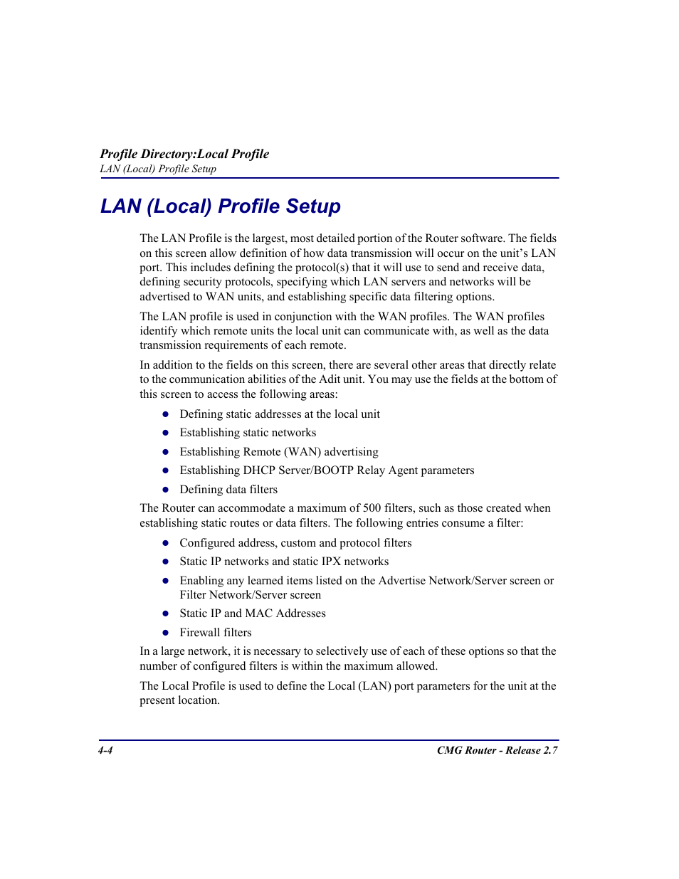 Lan (local) profile setup, Lan (local) profile setup -4 | Carrier Access CMG Router User Manual | Page 90 / 296