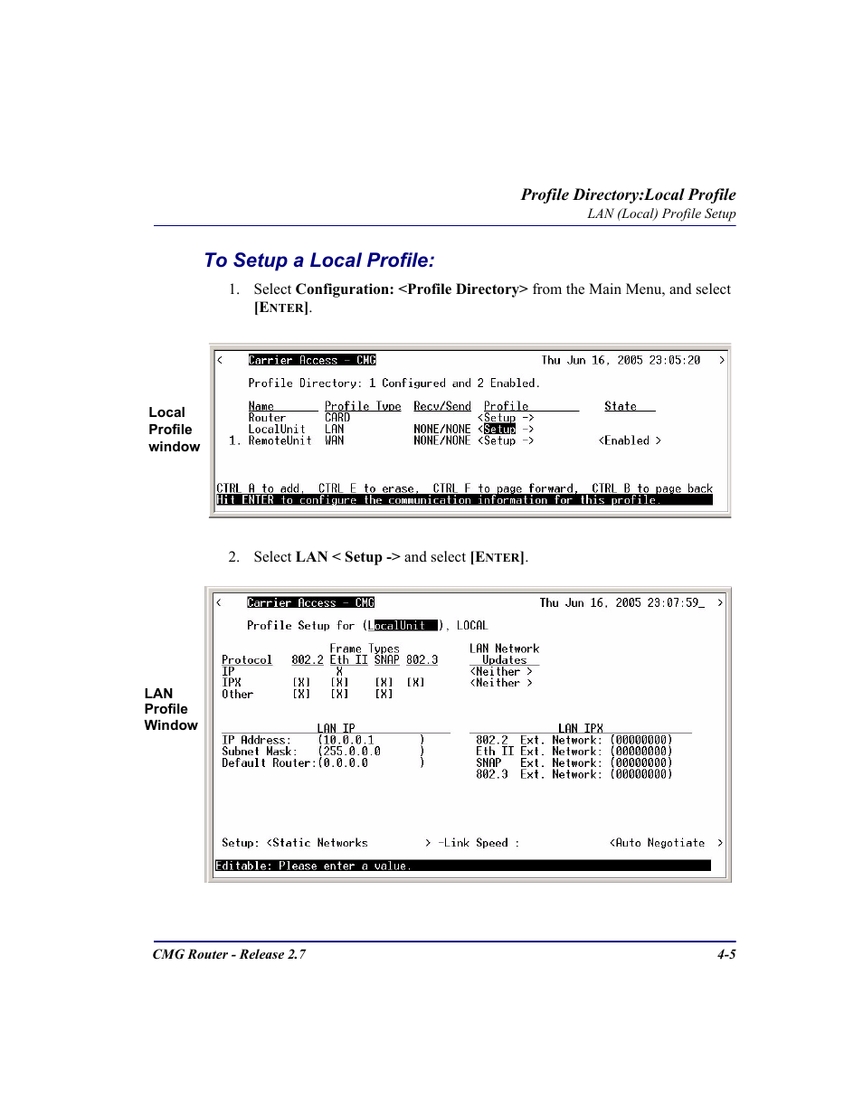 To setup a local profile, To setup a local profile: -5 | Carrier Access CMG Router User Manual | Page 91 / 296