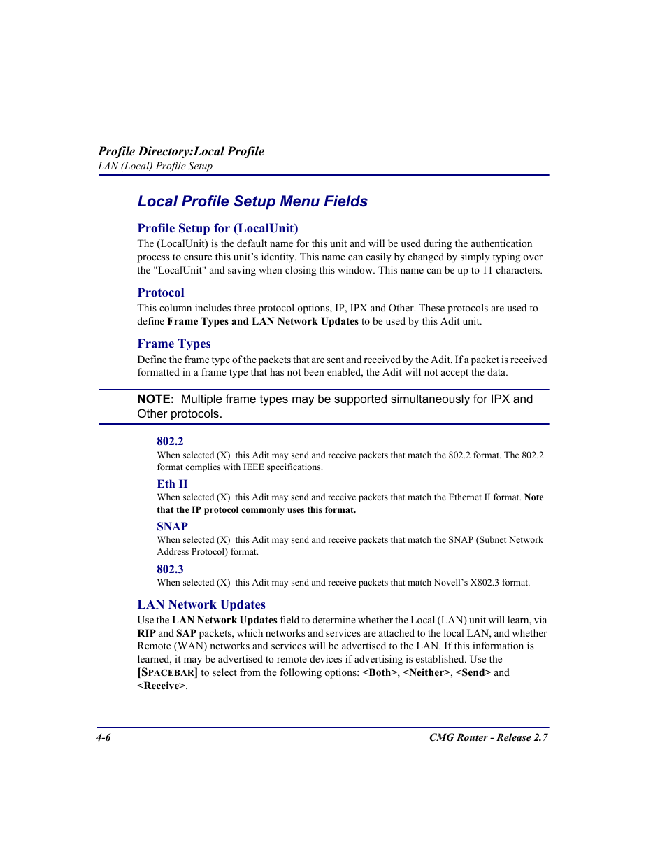 Local profile setup menu fields | Carrier Access CMG Router User Manual | Page 92 / 296