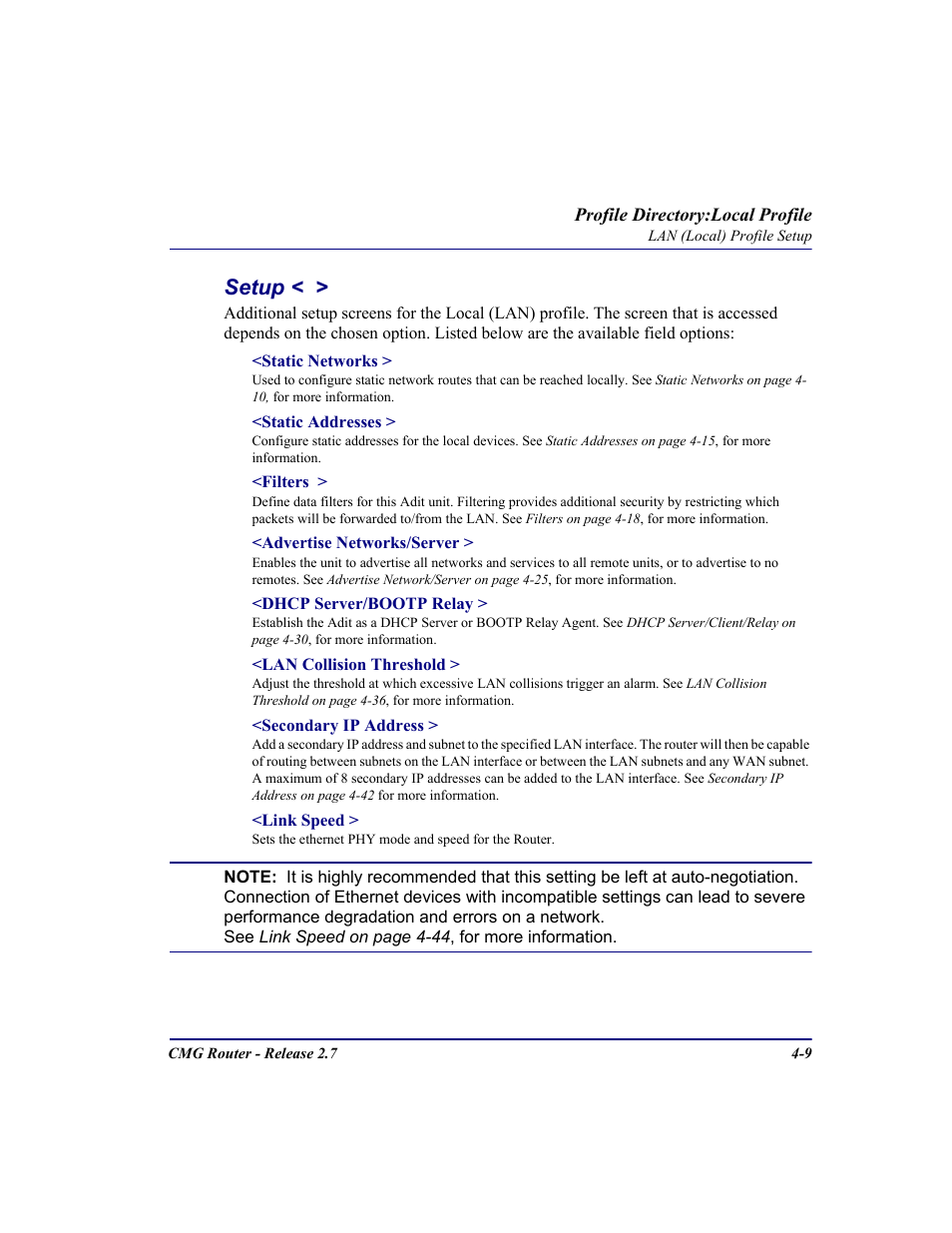 Setup, Setup < > -9 | Carrier Access CMG Router User Manual | Page 95 / 296