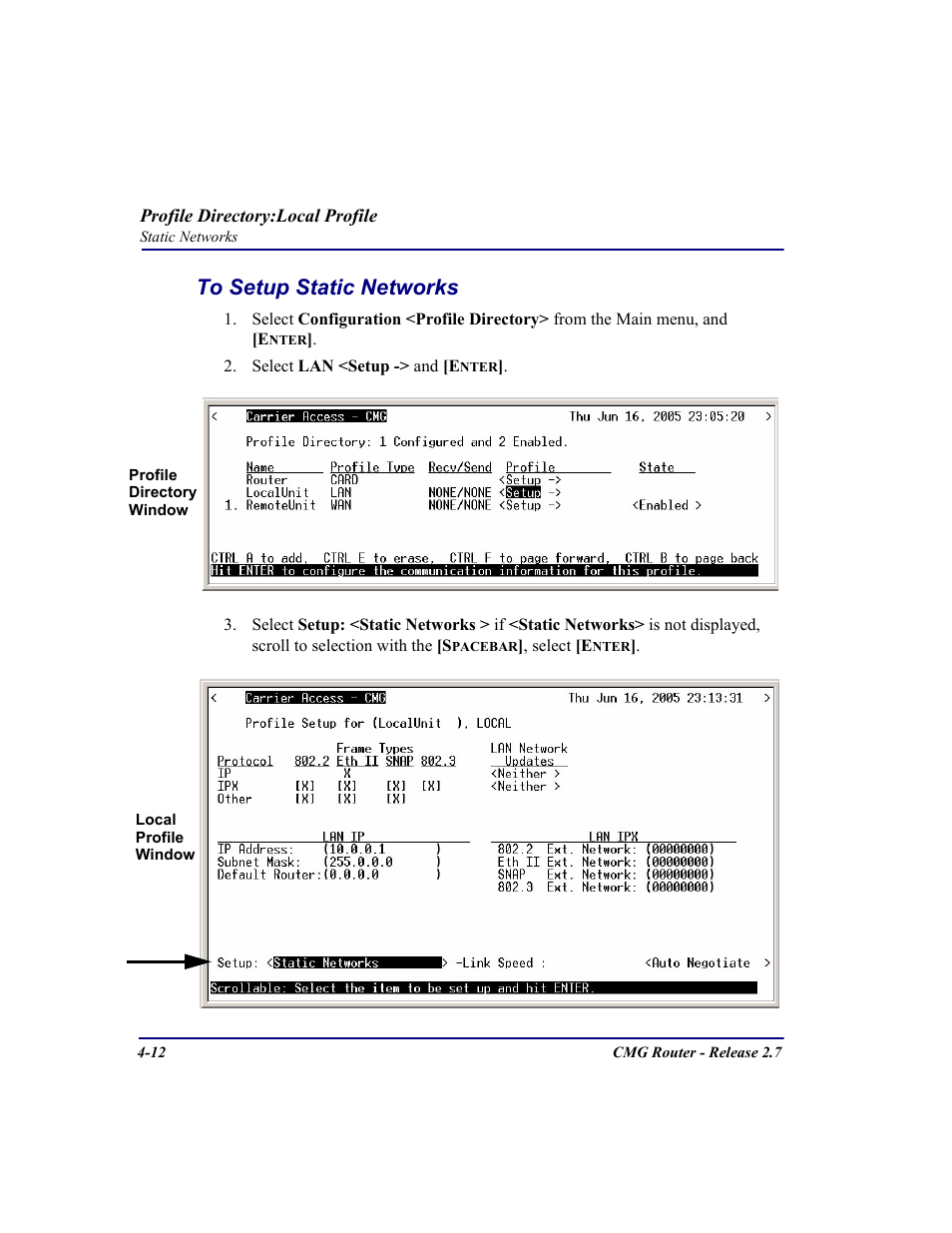 To setup static networks, To setup static networks -12 | Carrier Access CMG Router User Manual | Page 98 / 296