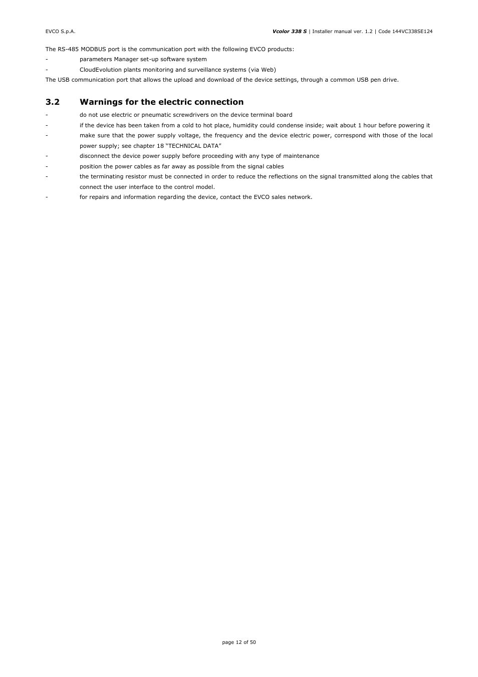 2 warnings for the electric connection | EVCO EVCSR338J9 User Manual | Page 12 / 50