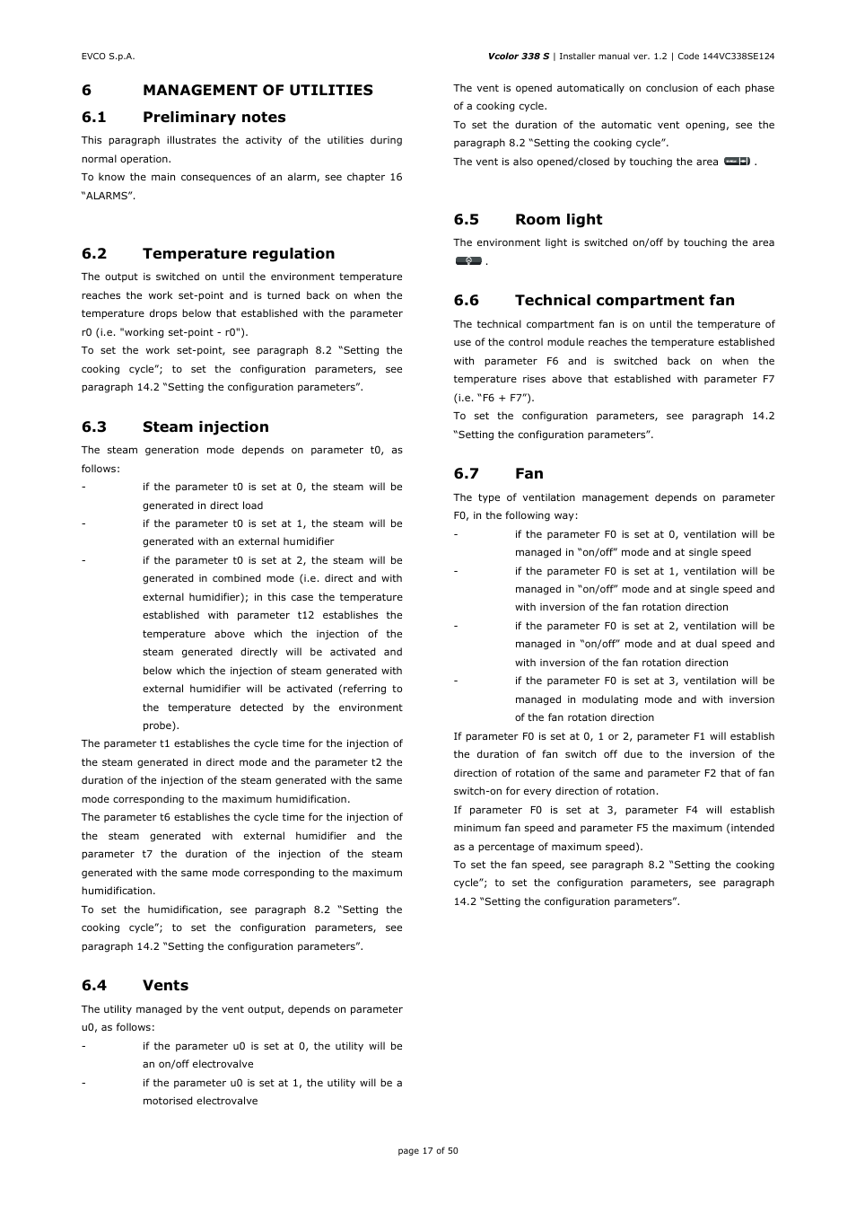 2 temperature regulation, 3 steam injection, 4 vents | 5 room light, 6 technical compartment fan, 7 fan | EVCO EVCSR338J9 User Manual | Page 17 / 50