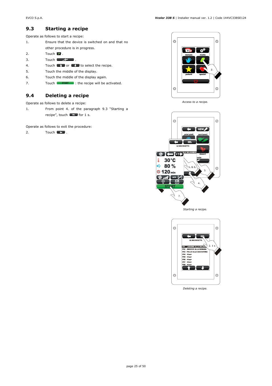 3 starting a recipe, 4 deleting a recipe | EVCO EVCSR338J9 User Manual | Page 25 / 50