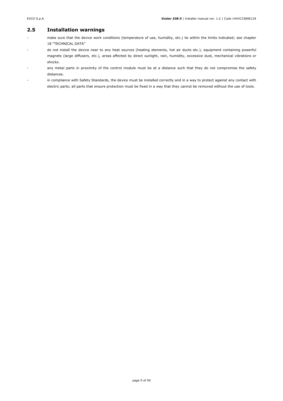 5 installation warnings | EVCO EVCSR338J9 User Manual | Page 9 / 50