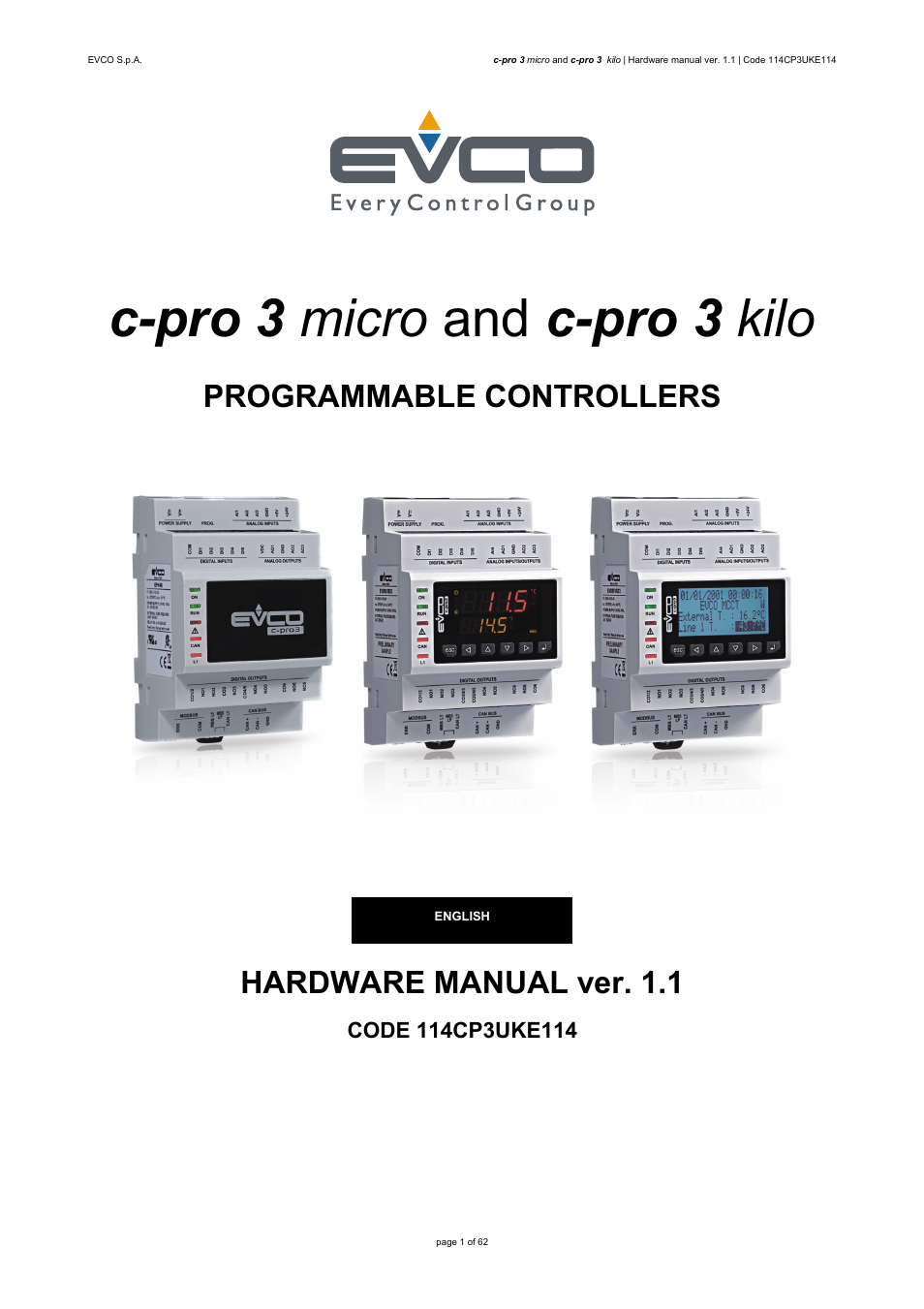 EVCO EPU2LXP1CH User Manual | 62 pages