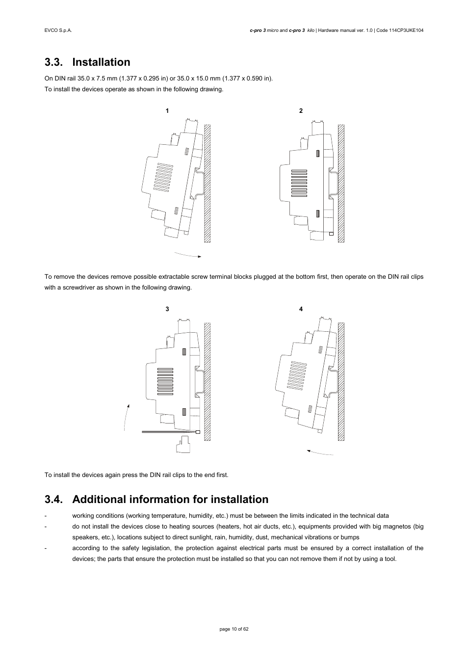 Installation, Additional information for installation | EVCO EPU2LXP1CH User Manual | Page 10 / 62