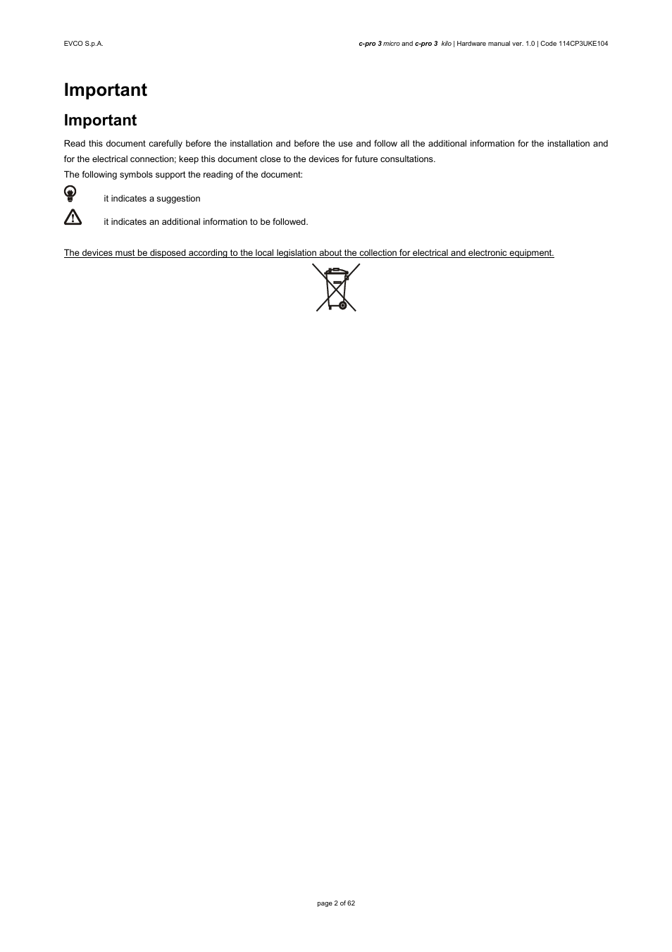 Important | EVCO EPU2LXP1CH User Manual | Page 2 / 62