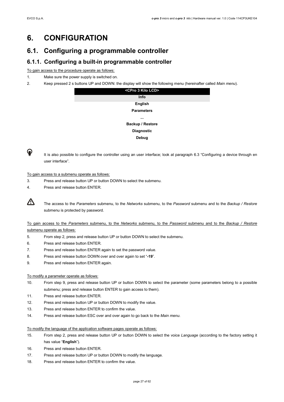 Configuration, Configuring a programmable controller, Configuring a built-in programmable controller | EVCO EPU2LXP1CH User Manual | Page 27 / 62