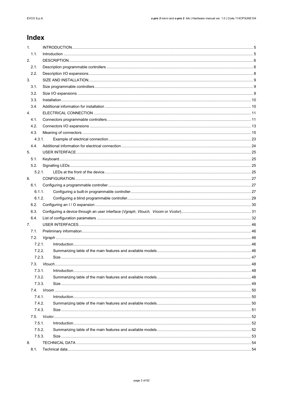 Index | EVCO EPU2LXP1CH User Manual | Page 3 / 62