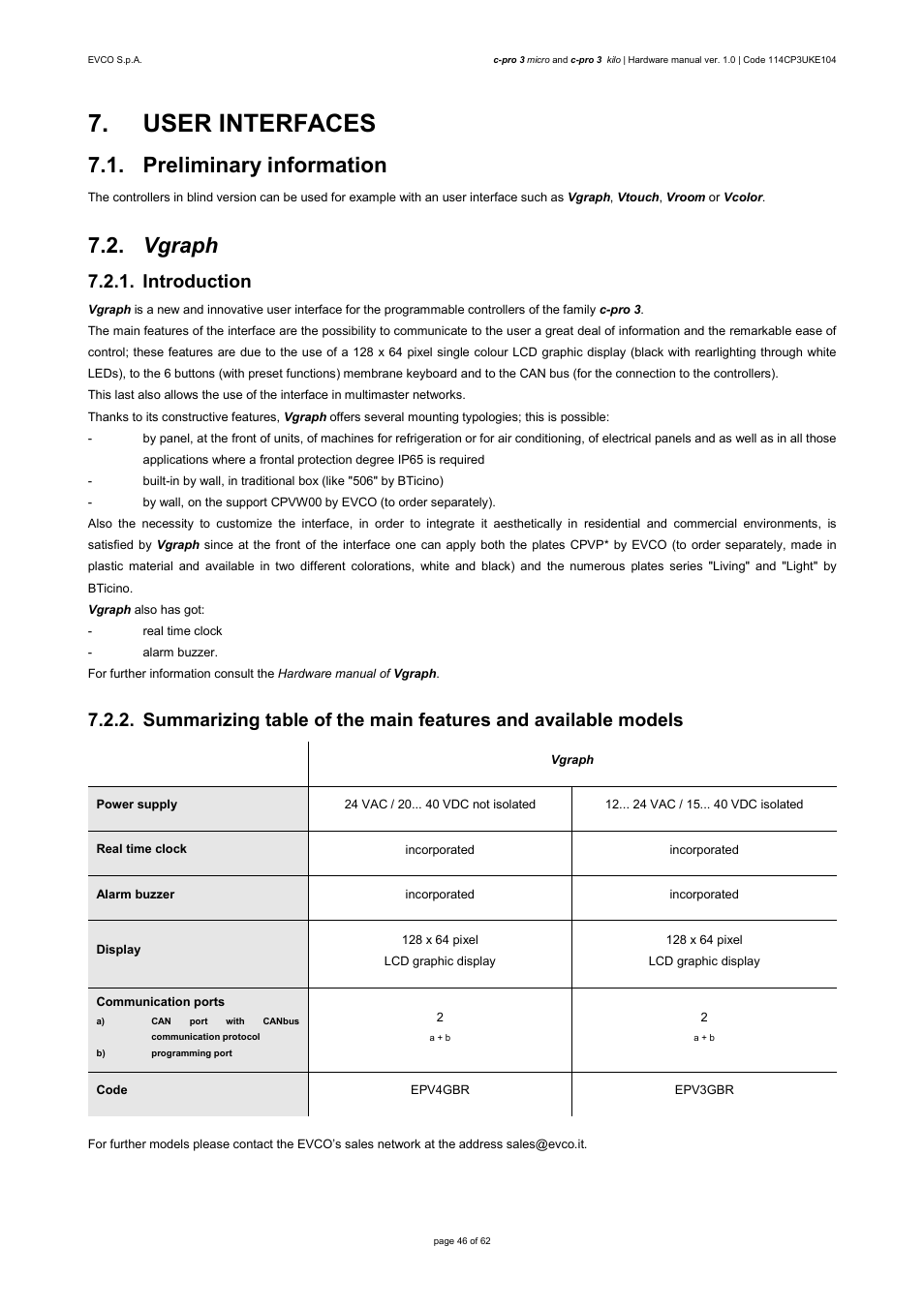 User interfaces, Preliminary information, Vgraph | Introduction | EVCO EPU2LXP1CH User Manual | Page 46 / 62