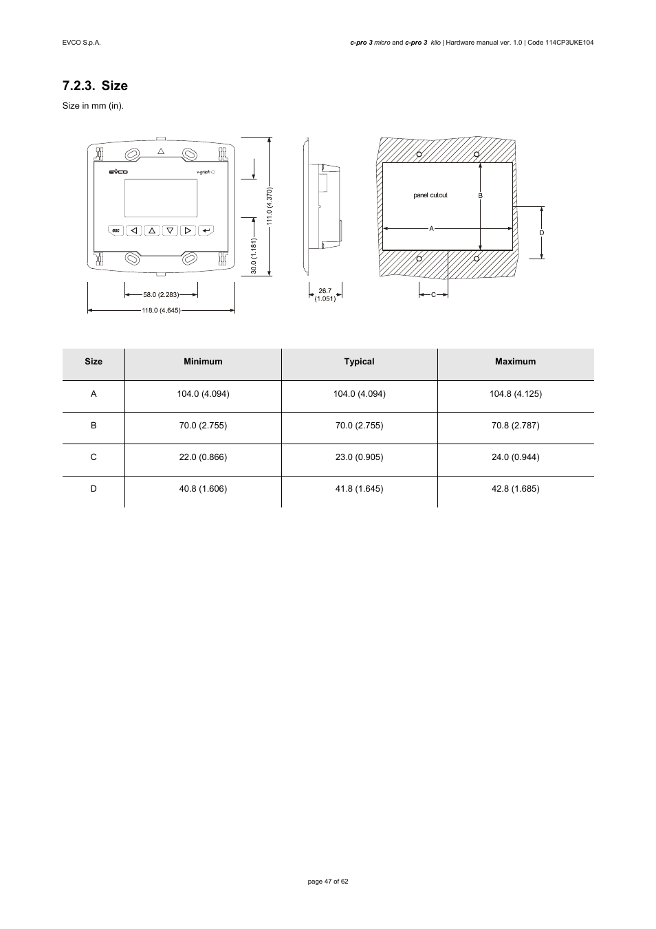 Size | EVCO EPU2LXP1CH User Manual | Page 47 / 62