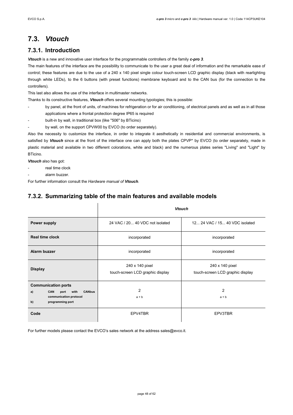 Vtouch, Introduction | EVCO EPU2LXP1CH User Manual | Page 48 / 62