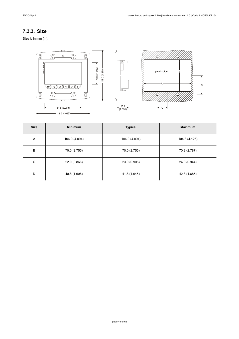 Size | EVCO EPU2LXP1CH User Manual | Page 49 / 62