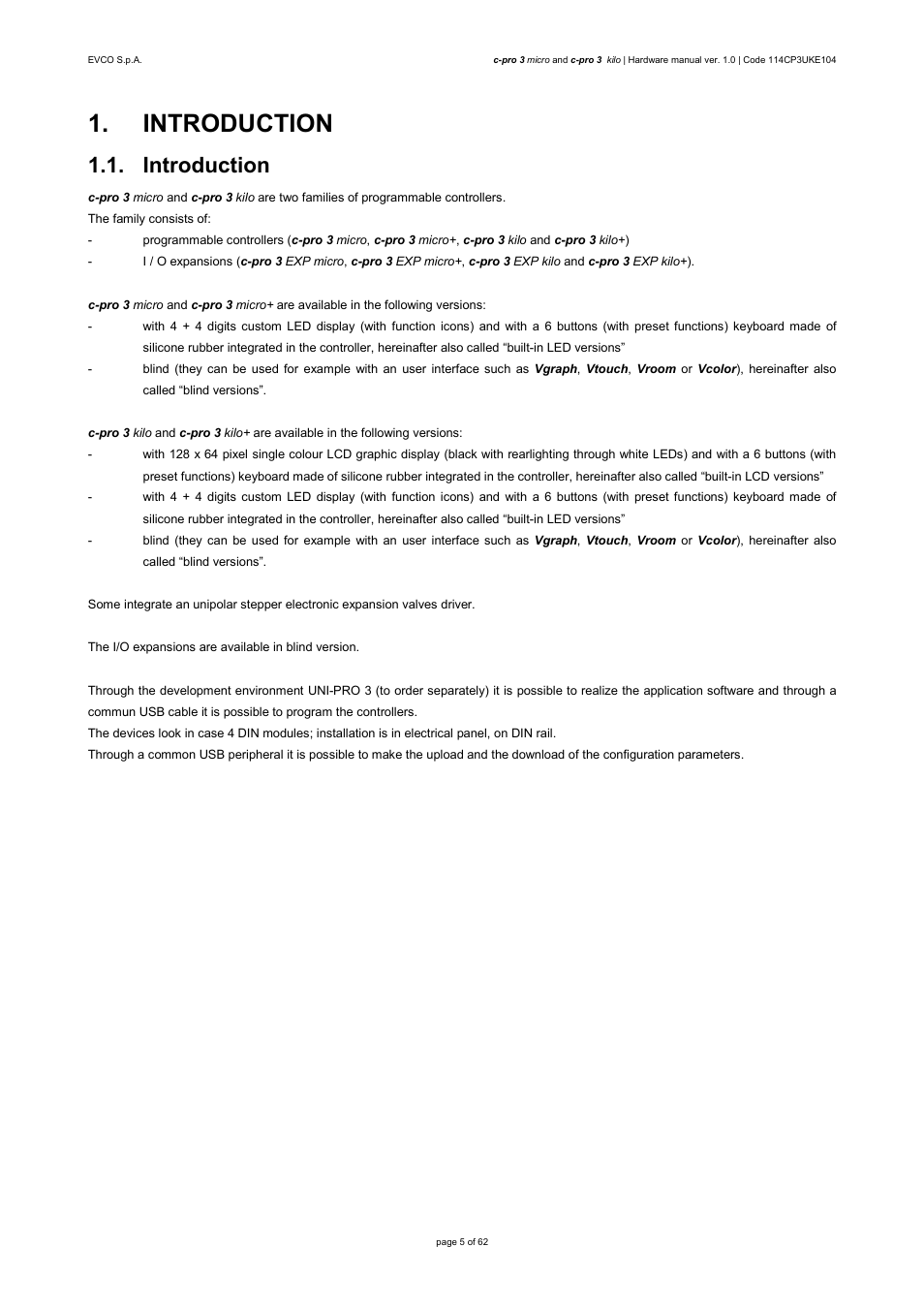 Introduction | EVCO EPU2LXP1CH User Manual | Page 5 / 62