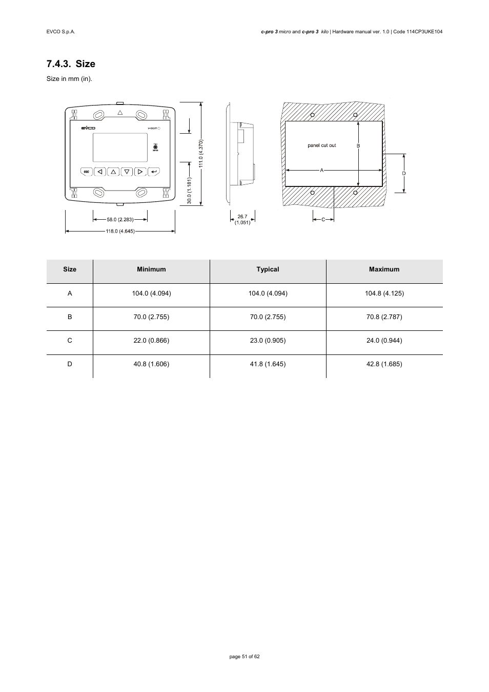 Size | EVCO EPU2LXP1CH User Manual | Page 51 / 62