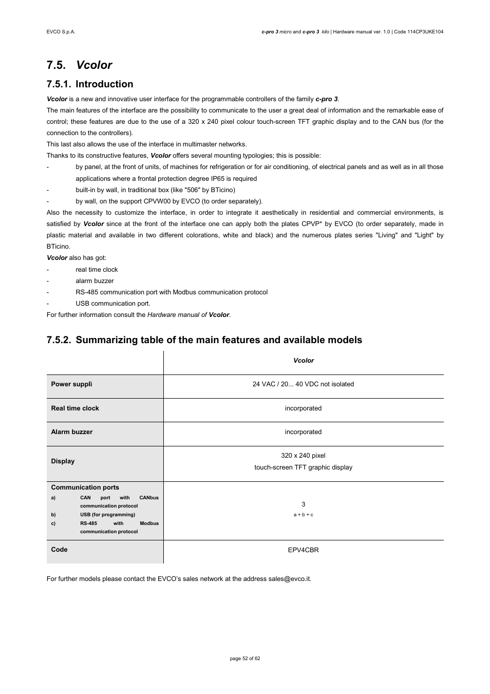 Vcolor, Introduction | EVCO EPU2LXP1CH User Manual | Page 52 / 62