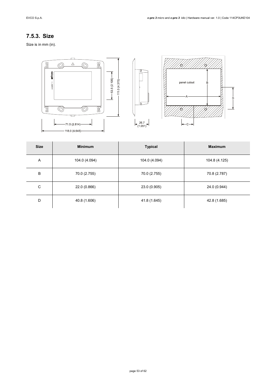 Size | EVCO EPU2LXP1CH User Manual | Page 53 / 62