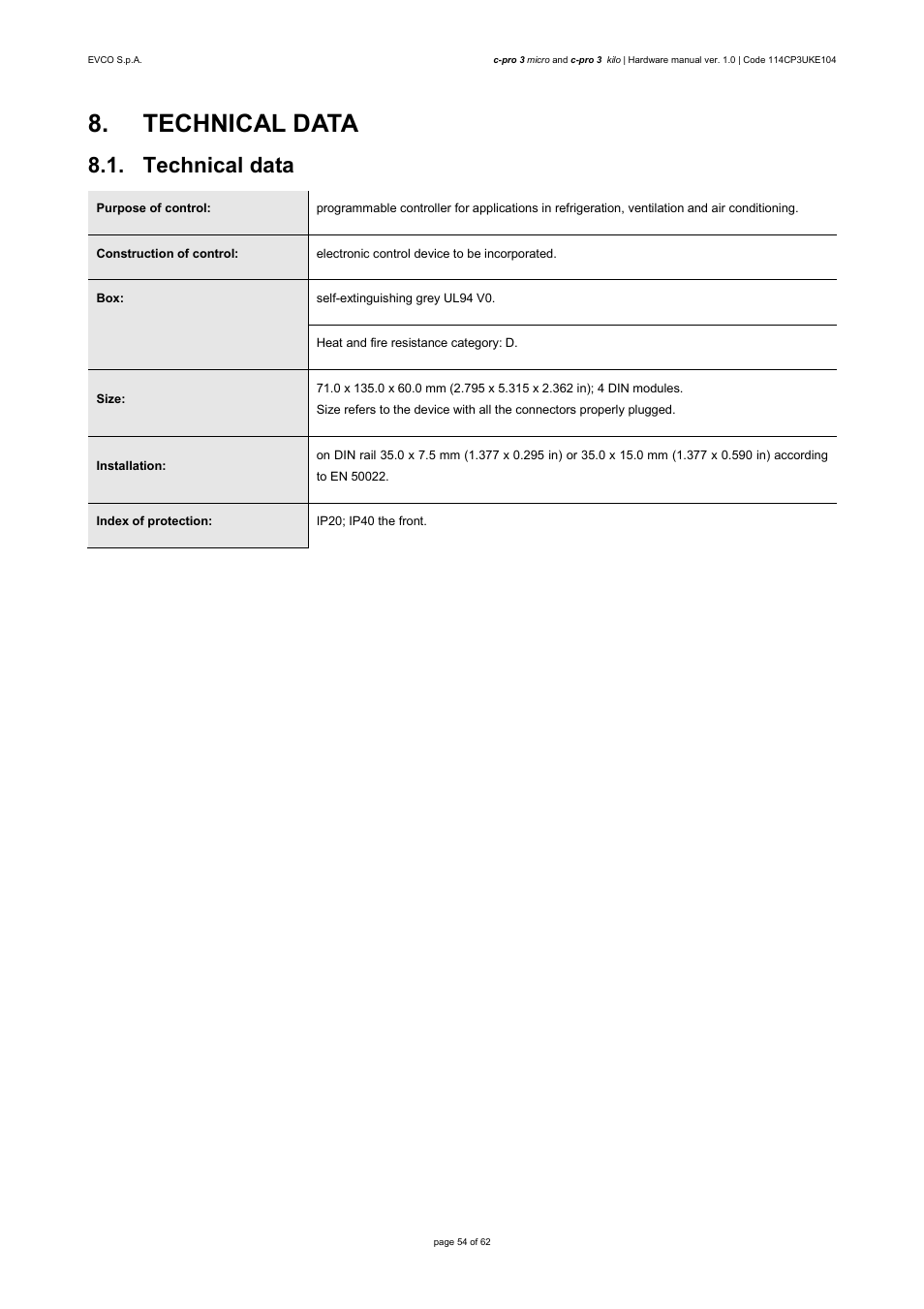 Technical data | EVCO EPU2LXP1CH User Manual | Page 54 / 62