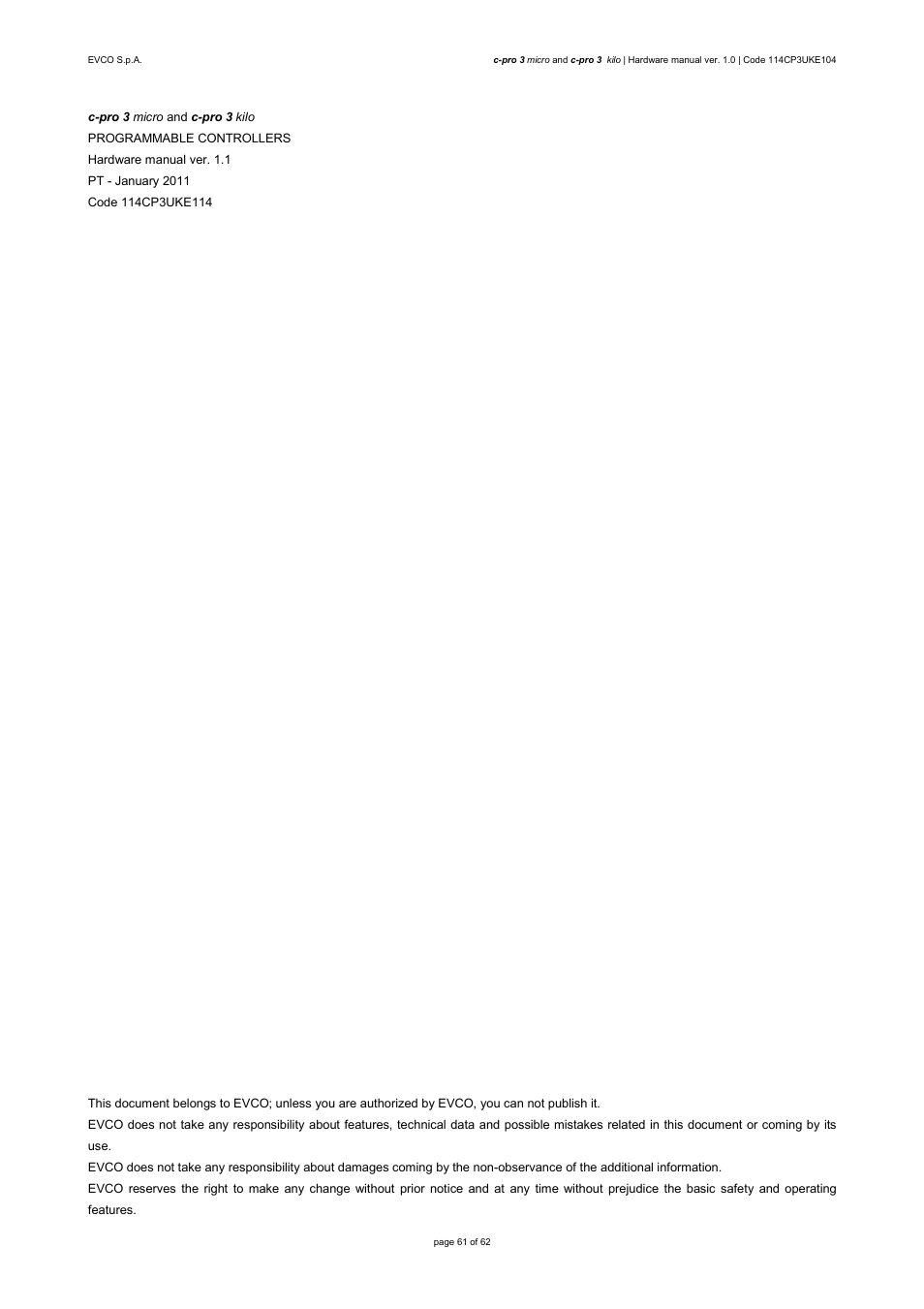 EVCO EPU2LXP1CH User Manual | Page 61 / 62