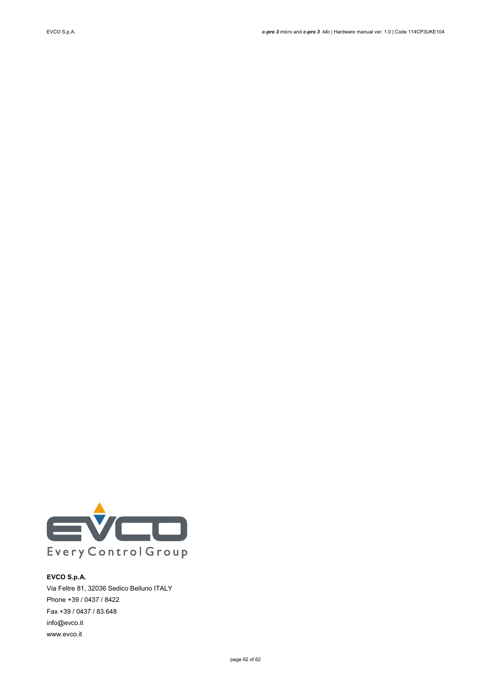 EVCO EPU2LXP1CH User Manual | Page 62 / 62