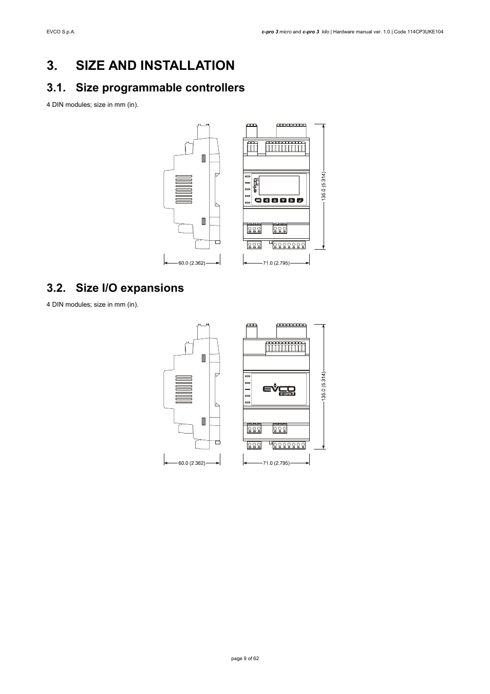 Size and installation, Size programmable controllers, Size i/o expansions | EVCO EPU2LXP1CH User Manual | Page 9 / 62