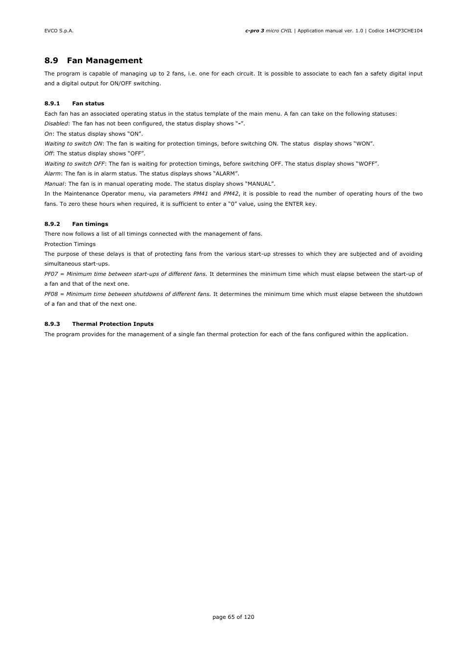 9 fan management | EVCO EPU2LXP1CH Installer manual User Manual | Page 65 / 120