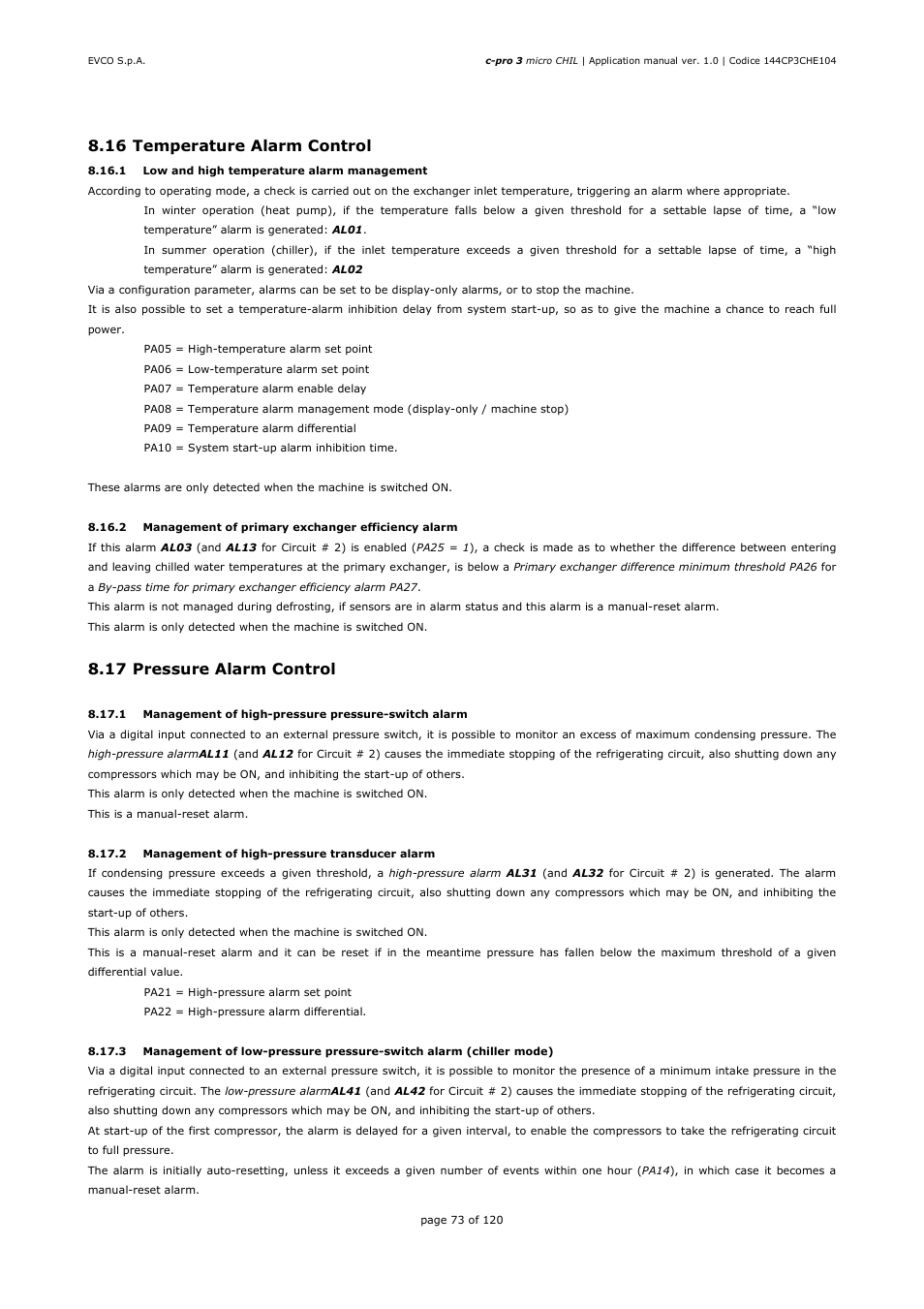 16 temperature alarm control, 17 pressure alarm control | EVCO EPU2LXP1CH Installer manual User Manual | Page 73 / 120