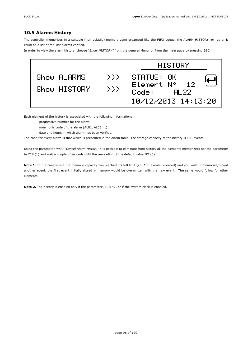 5 alarms history | EVCO EPU2LXP1CH Installer manual User Manual | Page 96 / 120