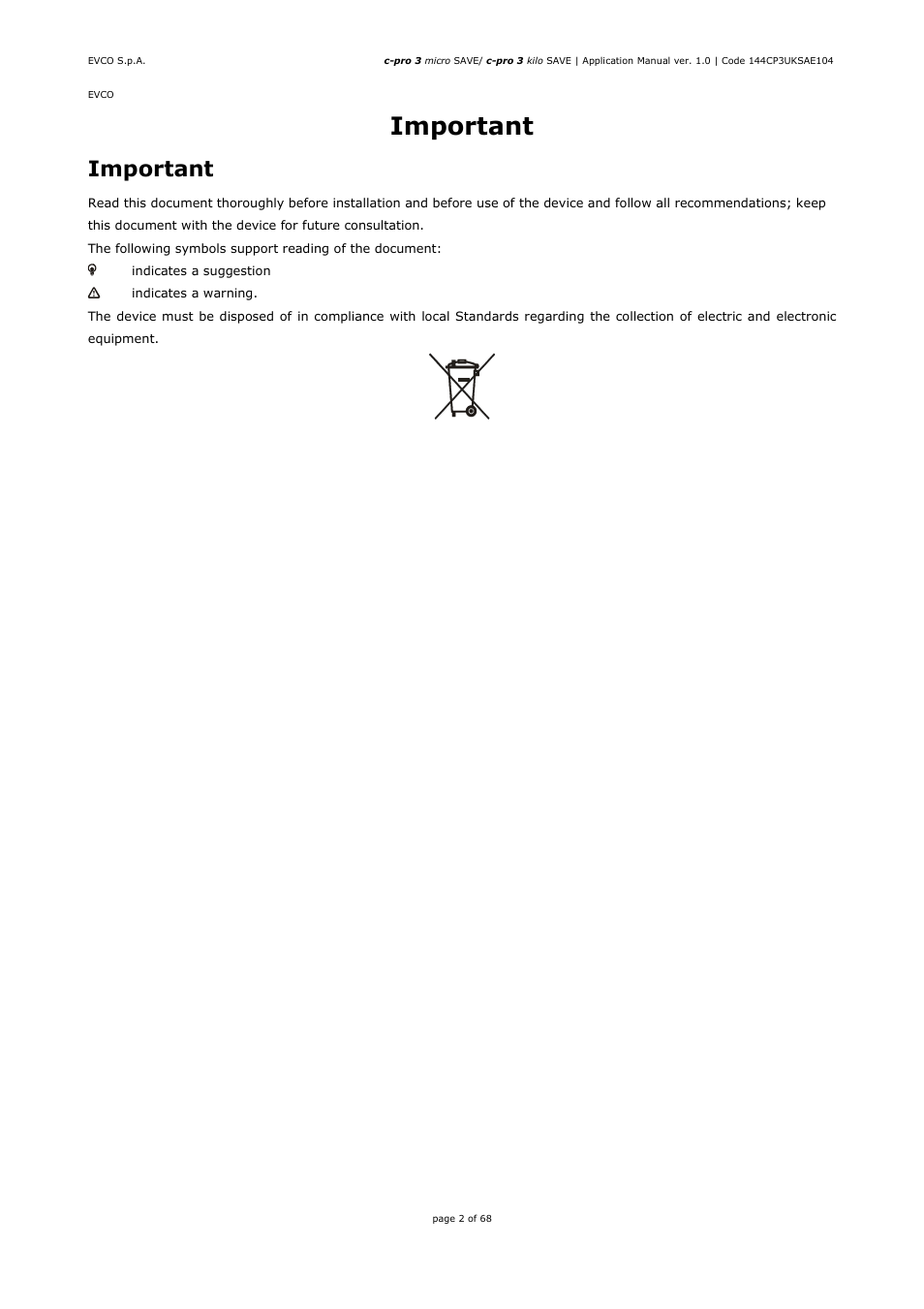 Important | EVCO EPU2BXP1S1 User Manual | Page 2 / 68