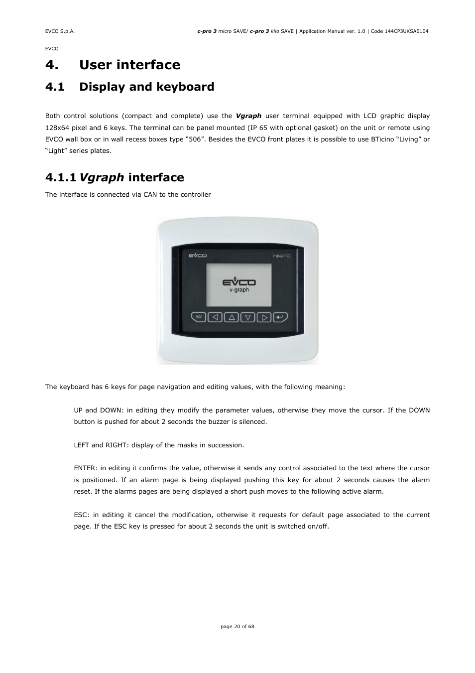 User interface, 1 display and keyboard, 1 vgraph interface | EVCO EPU2BXP1S1 User Manual | Page 20 / 68