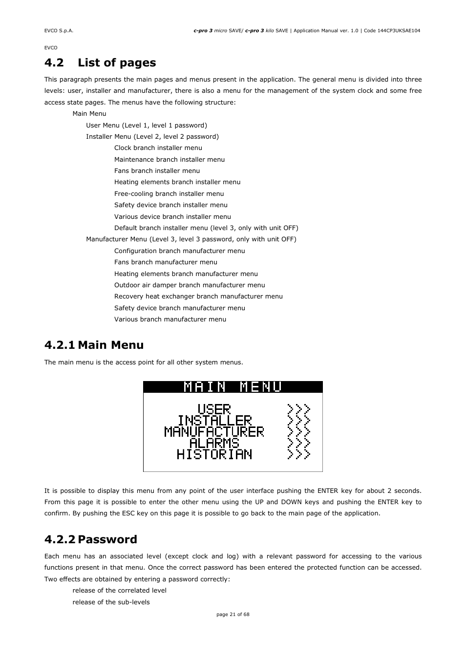 2 list of pages, 1 main menu, 2 password | EVCO EPU2BXP1S1 User Manual | Page 21 / 68