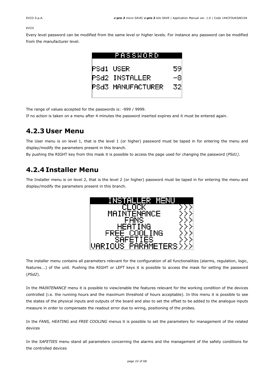 3 user menu, 4 installer menu | EVCO EPU2BXP1S1 User Manual | Page 22 / 68
