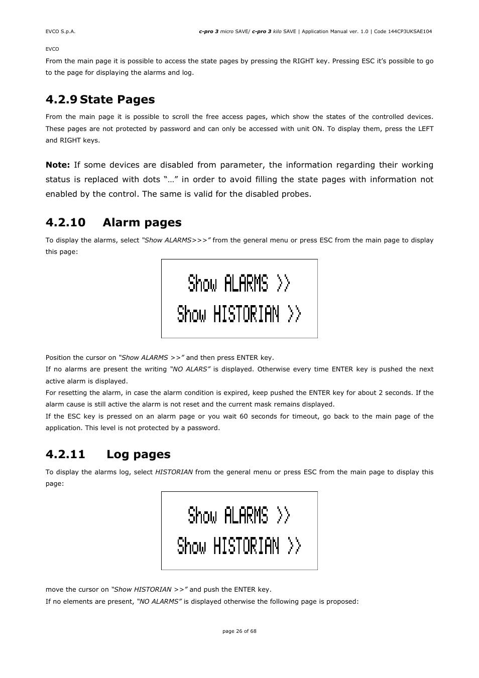 9 state pages, 10 alarm pages, 11 log pages | EVCO EPU2BXP1S1 User Manual | Page 26 / 68
