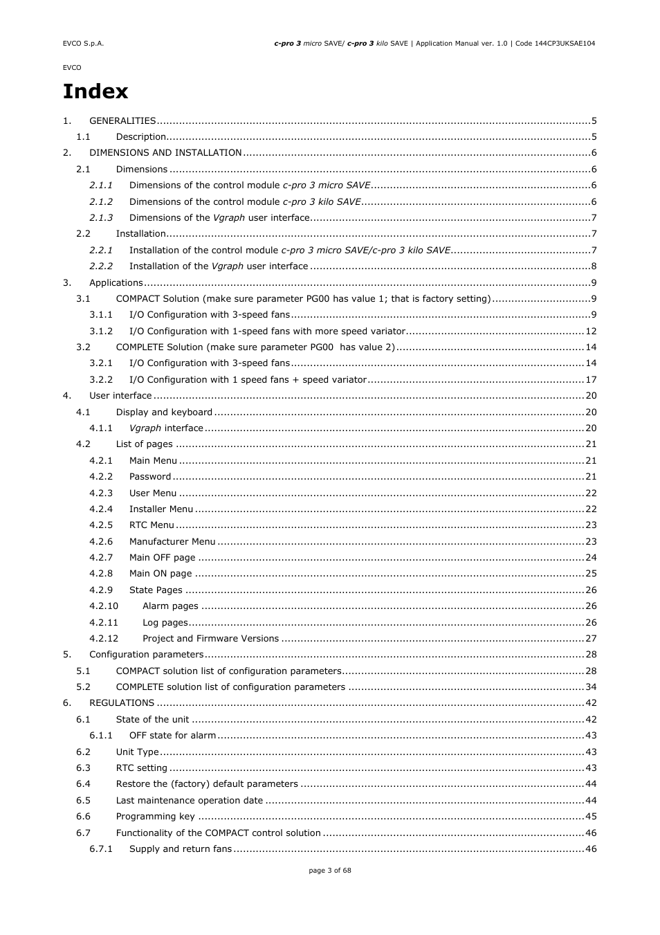 Index | EVCO EPU2BXP1S1 User Manual | Page 3 / 68