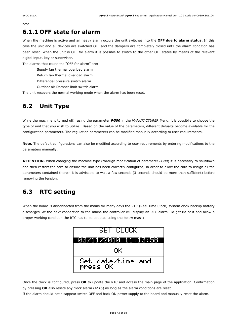1 off state for alarm, 2 unit type, 3 rtc setting | EVCO EPU2BXP1S1 User Manual | Page 43 / 68