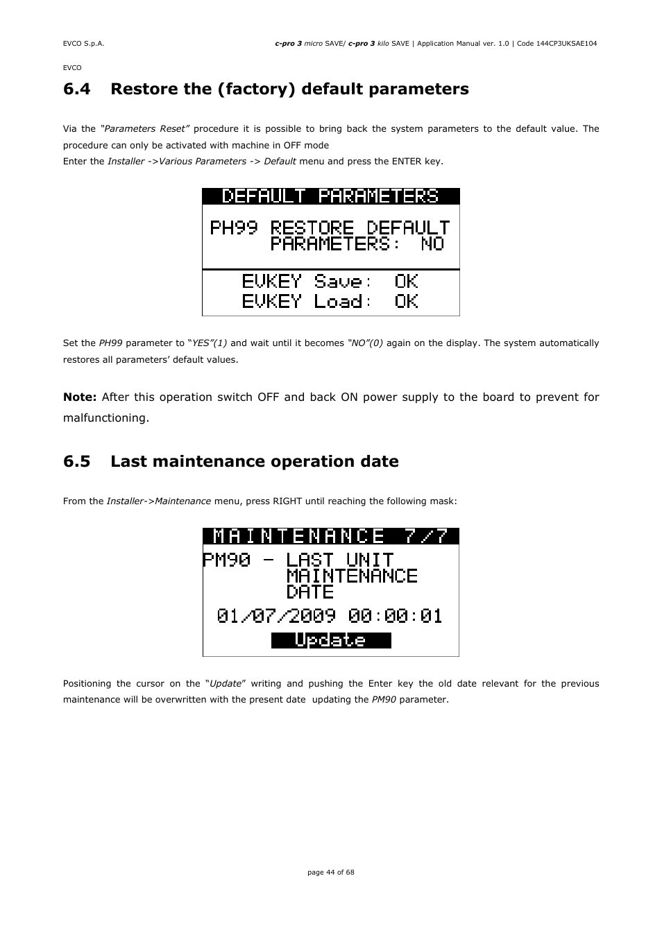 4 restore the (factory) default parameters, 5 last maintenance operation date | EVCO EPU2BXP1S1 User Manual | Page 44 / 68