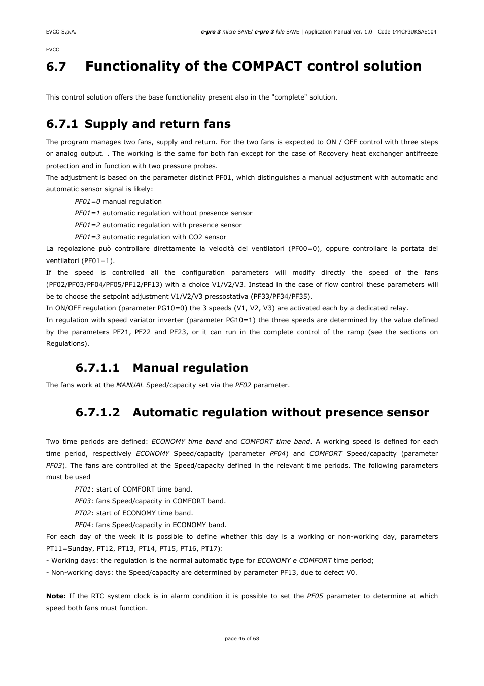 Functionality of the compact control solution, 1 supply and return fans, 1 manual regulation | 2 automatic regulation without presence sensor | EVCO EPU2BXP1S1 User Manual | Page 46 / 68
