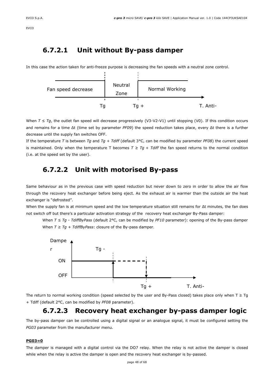 1 unit without by-pass damper, 2 unit with motorised by-pass, 3 recovery heat exchanger by-pass damper logic | EVCO EPU2BXP1S1 User Manual | Page 48 / 68